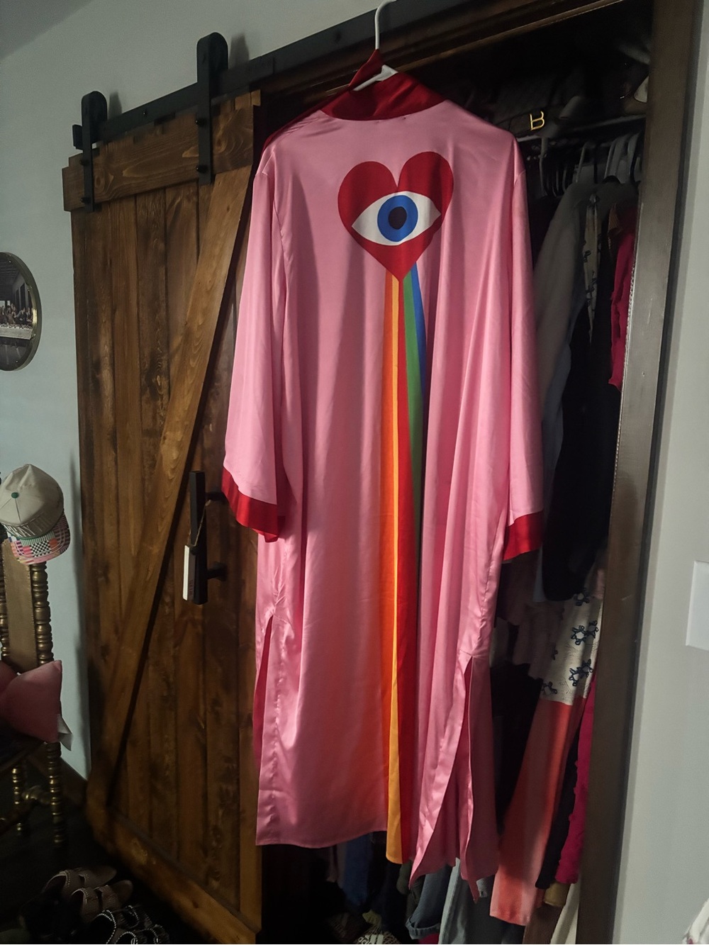 Dressed in LALA Pink Satin Kimono with Rainbow Eye Motif - Picture 3 of 3